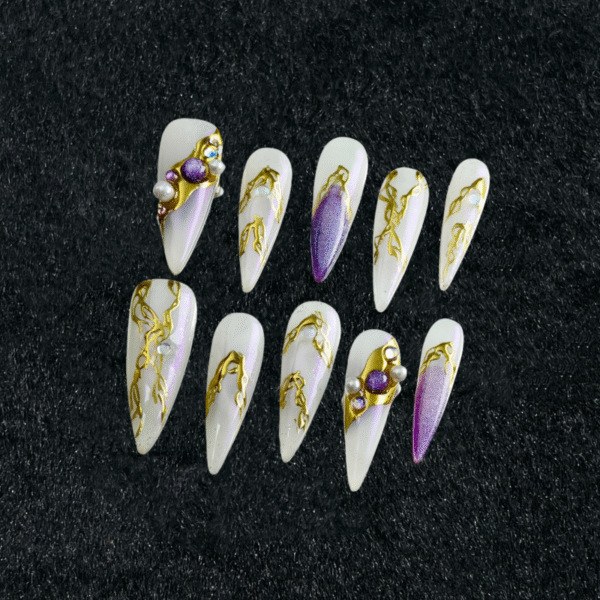 Press on Nails Golden Decoration Pearl Purple Long Nails A1986