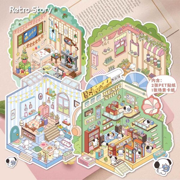 Sweet Little Escapes DIY 3D Scene Stickers Puppy record player / Friends Small Party / Cat Dessert Shop / Gingerbread Man Cottage