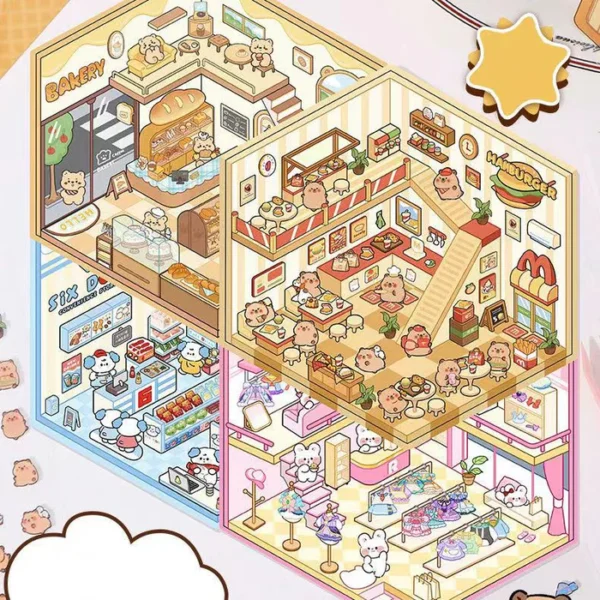 Cute Animals Shop DIY 3D Scene Stickers Bear Bakery  / Bunny Clothing Store / Capybara's Fast Food / Puppy Convenience Store