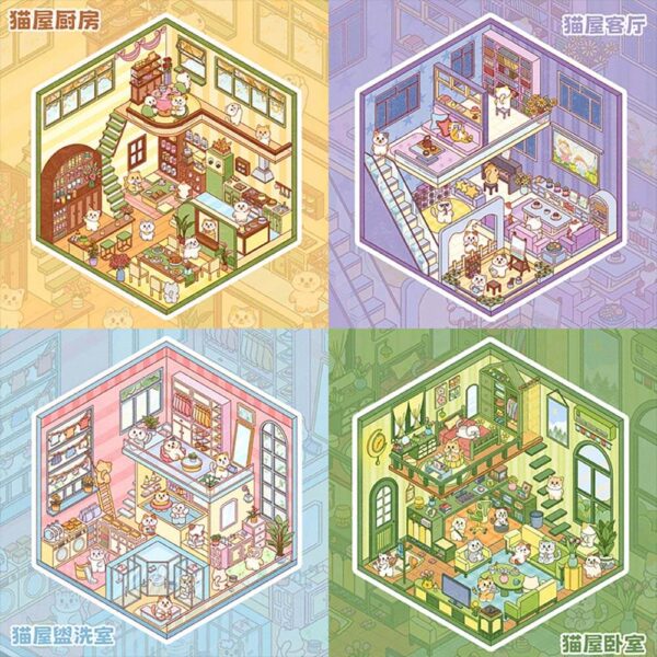 Kitty Casa Suite DIY 3D Scene Stickers Cat House Kitchen / Cat House Living Room / Cat House Bathroom / Cat Bedroom