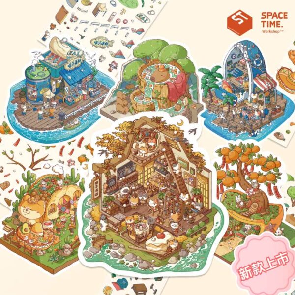 Meow Cottage DIY 3D Scene Stickers Meow Seafood / Capybara Spa / New Year's Hut / Mexican Taco Shop / Seaside Getaway / Meow Book Cafe