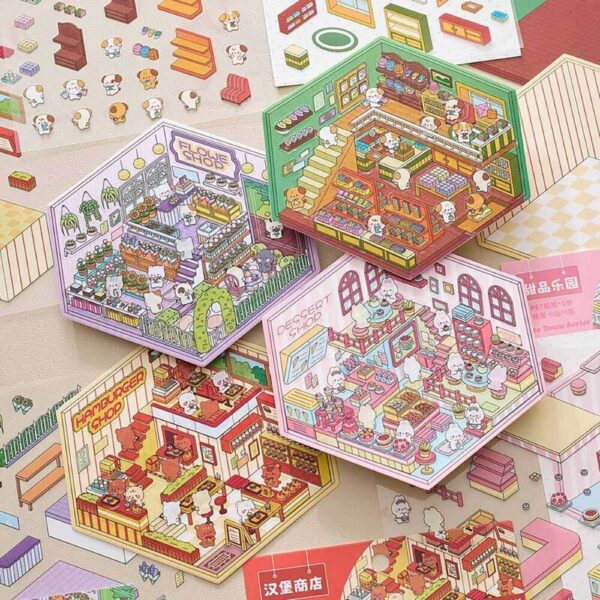 Tiny Joys Avenue DIY 3D Scene Stickers Kitten Flower Shop / Puppy Department Store / Rabbit Burger Shop / Dessert Paradise