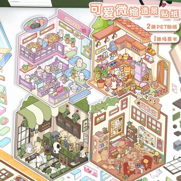 Furry Friends’ Town DIY 3D Scene Stickers Spicy Hotpot Diner / Bear Detective Agency / Cute Pet Kitchen / Cute Pet Coffee Hut