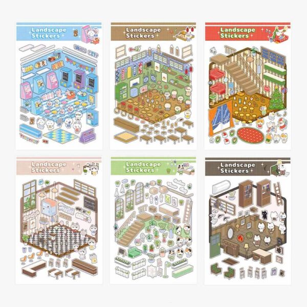 Kitten Life DIY 3D Scene Stickers Game Hall / Izakaya / Christmas Eve / Café / Sanhua Flower Shop / Detective Agency
