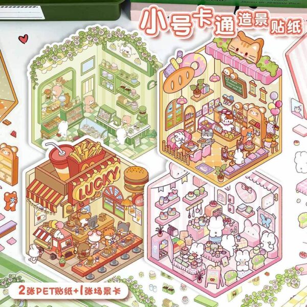 Sweet Critter Café DIY 3D Scene Stickers Puppy Burger Diner / Bear’s Bakery / Kitty Cake House / Bunny Dessert Café