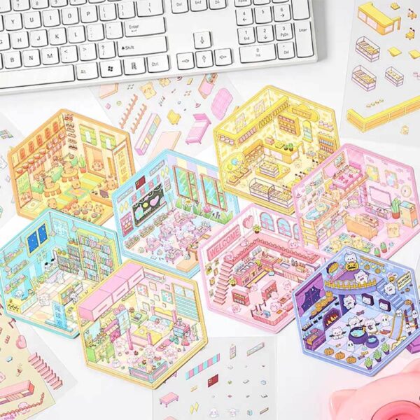 Wonderful House DIY 3D Sticker Sheep's House / Piggy's Restaurant / Rabbit Classroom / Bear Workshop / Puppy's study / Devil Cat / Vole's Bedroom / Raccoon Noodle Restaurant
